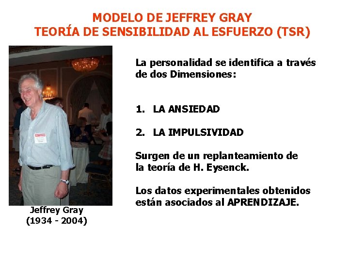 MODELO DE JEFFREY GRAY TEORÍA DE SENSIBILIDAD AL ESFUERZO (TSR) La personalidad se identifica
