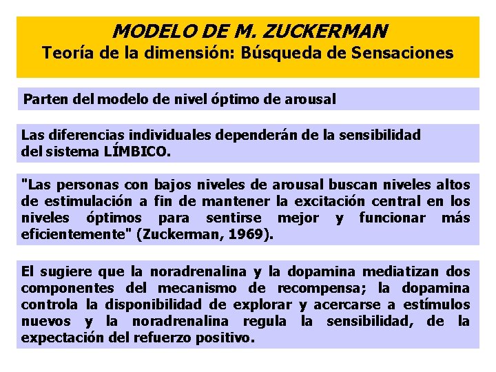 MODELO DE M. ZUCKERMAN Teoría de la dimensión: Búsqueda de Sensaciones Parten del modelo
