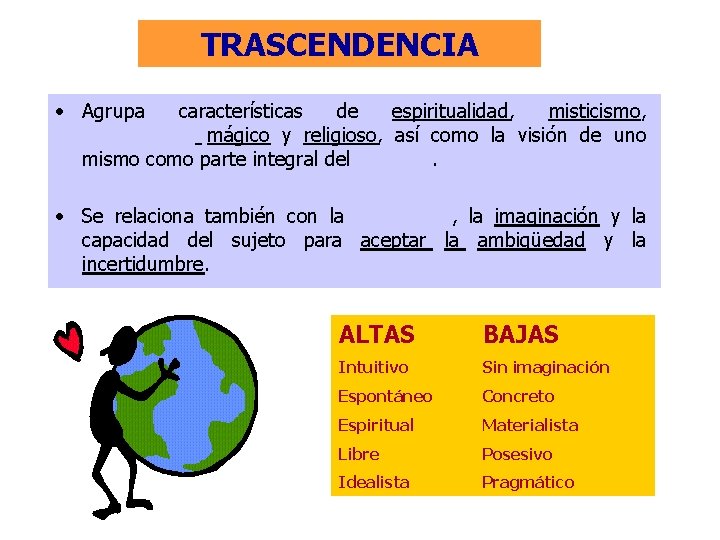 TRASCENDENCIA • Agrupa características de espiritualidad, misticismo, pensamiento mágico y religioso, así como la