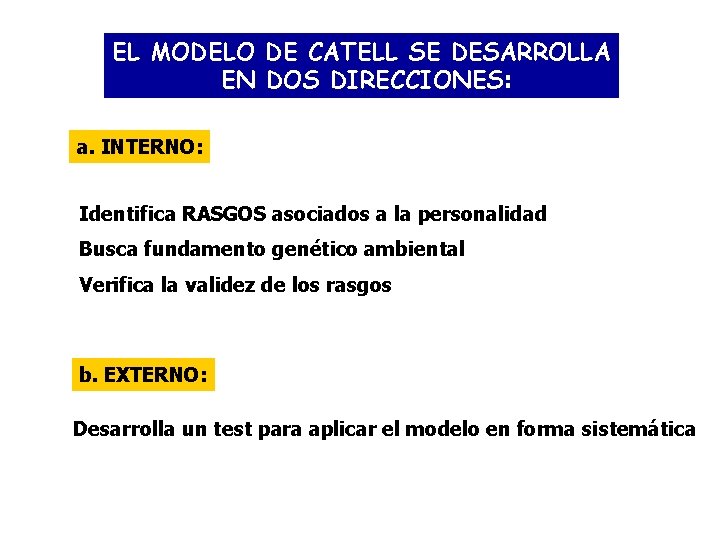 EL MODELO DE CATELL SE DESARROLLA EN DOS DIRECCIONES: a. INTERNO: Identifica RASGOS asociados