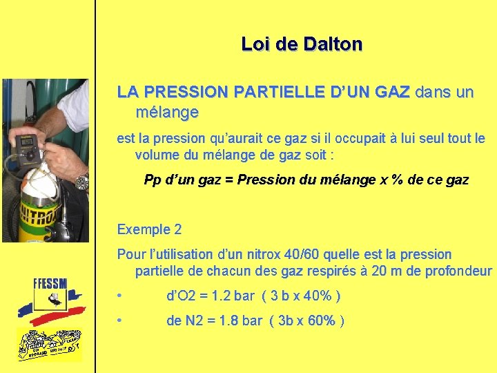 Loi de Dalton LA PRESSION PARTIELLE D’UN GAZ dans un mélange est la pression