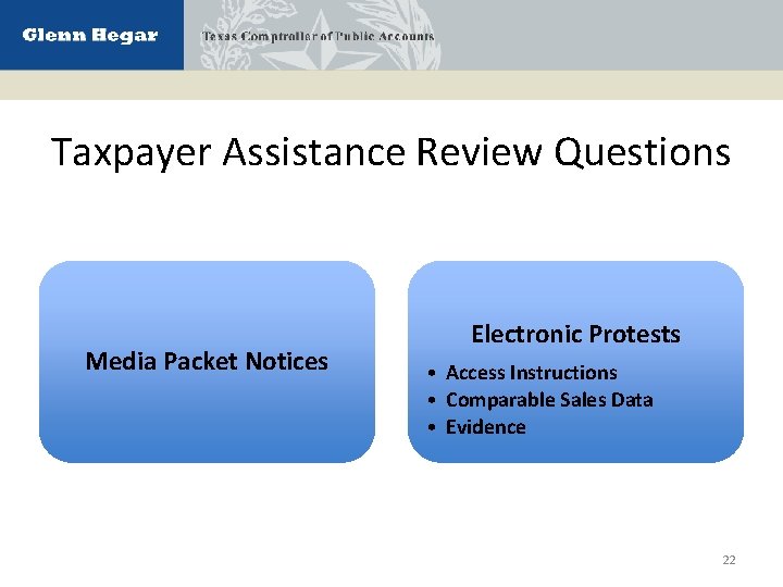 Taxpayer Assistance Review Questions Media Packet Notices Electronic Protests • Access Instructions • Comparable