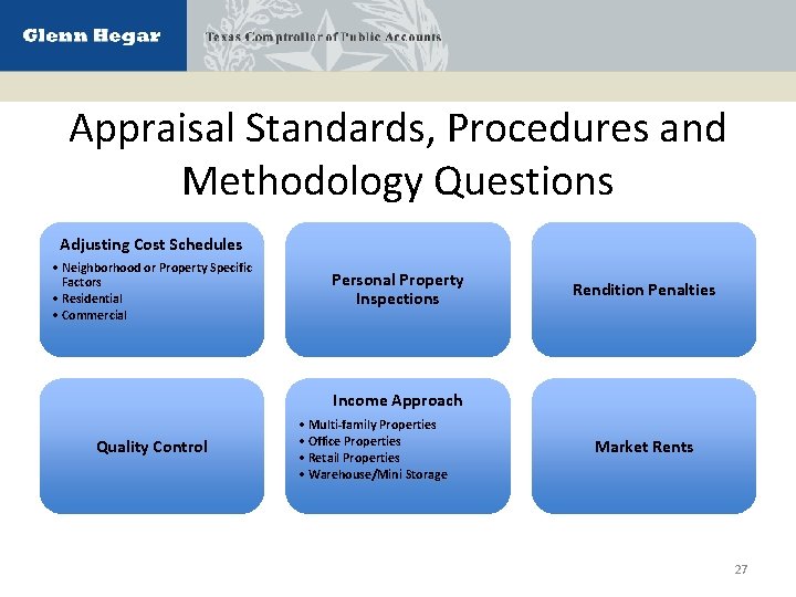 Appraisal Standards, Procedures and Methodology Questions Adjusting Cost Schedules • Neighborhood or Property Specific