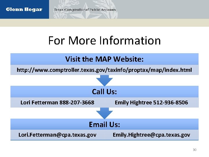 For More Information Visit the MAP Website: http: //www. comptroller. texas. gov/taxinfo/proptax/map/index. html Call
