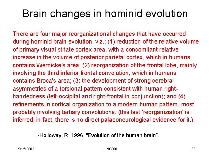 Brain changes in hominid evolution There are four major reorganizational changes that have occurred Brain changes in hominid evolution There are four major reorganizational changes that have occurred