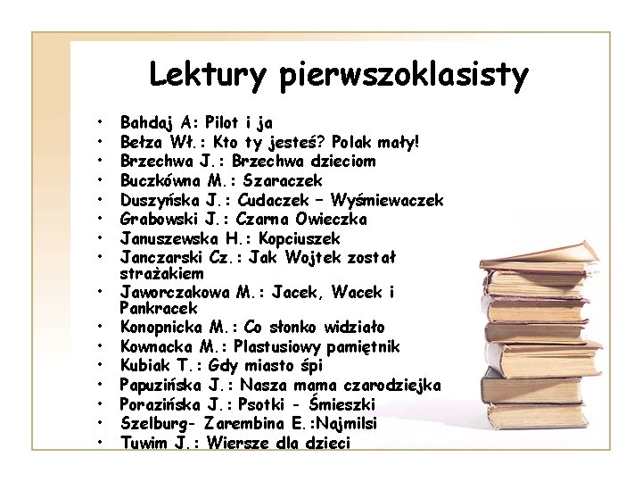 Lektury pierwszoklasisty • • • • Bahdaj A: Pilot i ja Bełza Wł. :