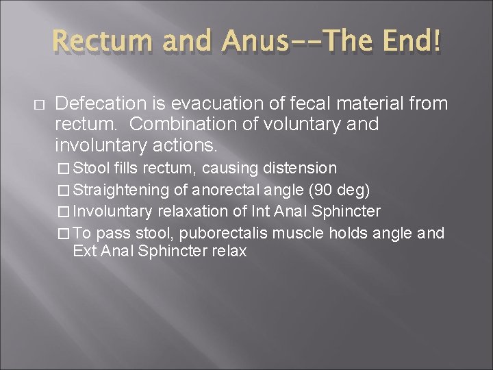 Rectum and Anus--The End! � Defecation is evacuation of fecal material from rectum. Combination