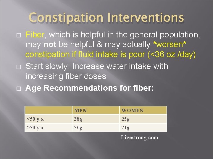 Constipation Interventions � � � Fiber, which is helpful in the general population, may