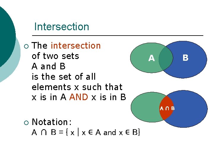 Intersection ¡ The intersection of two sets A and B is the set of