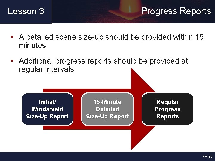 Progress Reports Lesson 3 • A detailed scene size-up should be provided within 15