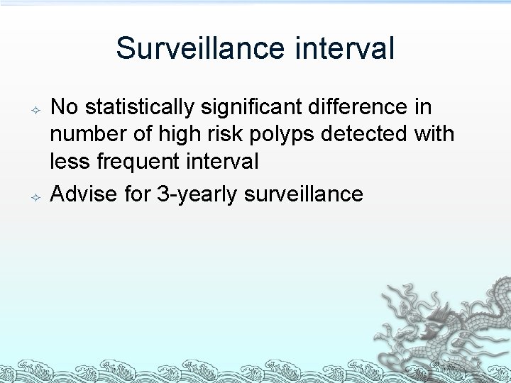 Surveillance interval No statistically significant difference in number of high risk polyps detected with Surveillance interval No statistically significant difference in number of high risk polyps detected with
