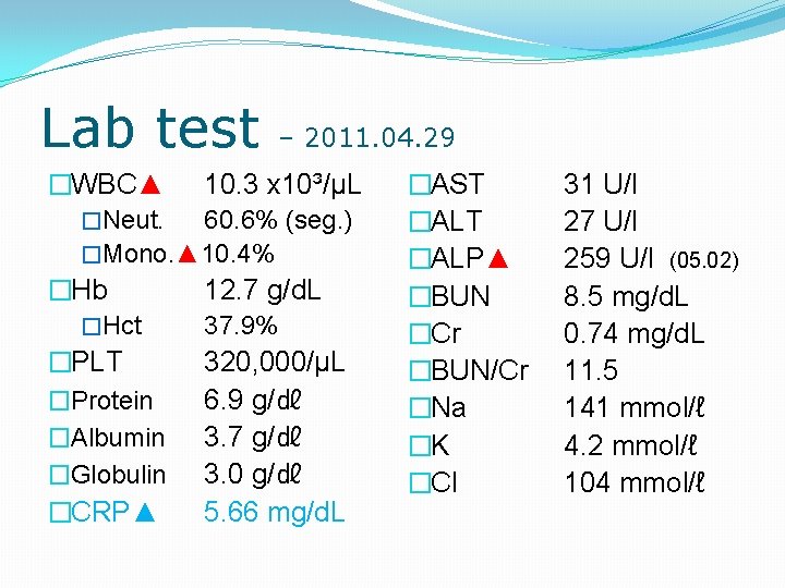 Lab test – 2011. 04. 29 �WBC▲ 10. 3 x 10³/μL �Neut. 60. 6%