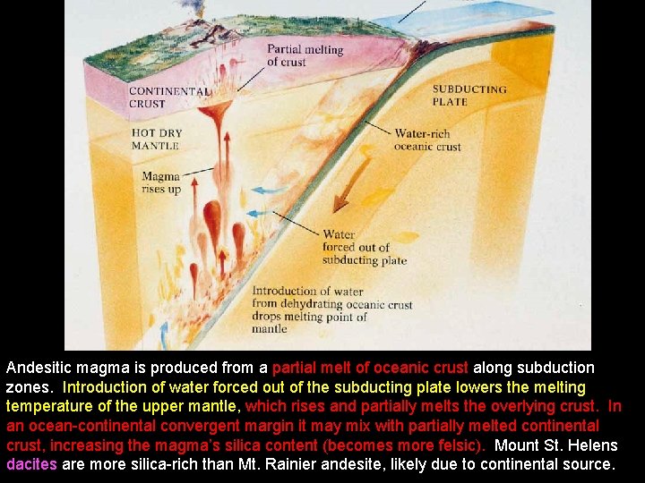 Andesitic magma is produced from a partial melt of oceanic crust along subduction zones.