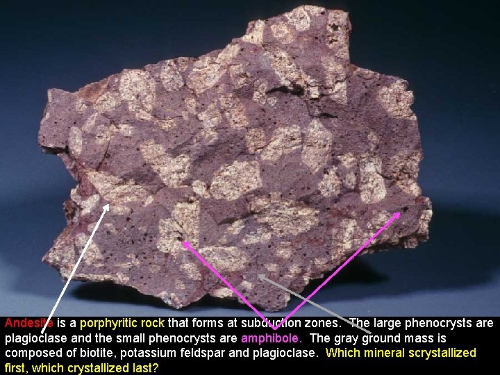 Andesite is a porphyritic rock that forms at subduction zones. The large phenocrysts are