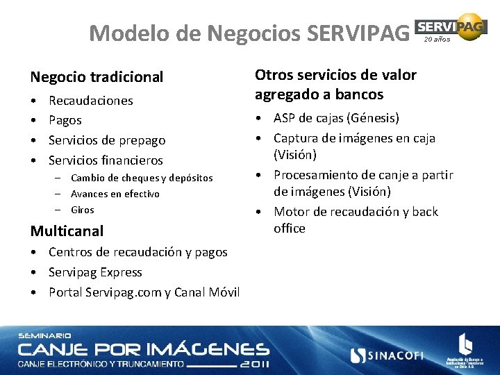 Modelo de Negocios SERVIPAG Negocio tradicional • • Recaudaciones Pagos Servicios de prepago Servicios