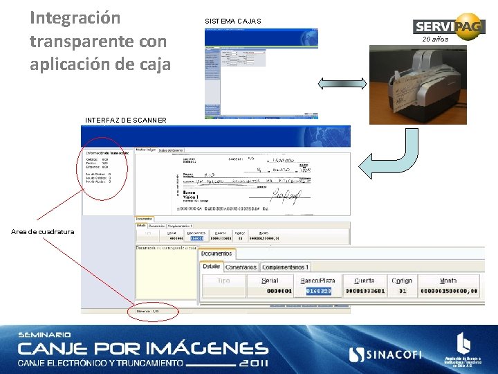 Integración transparente con aplicación de caja SISTEMA CAJAS 20 años INTERFAZ DE SCANNER Area