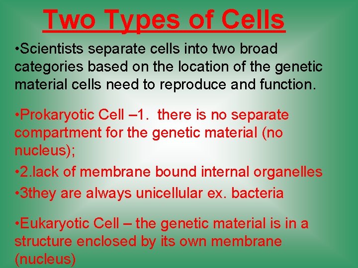 Two Types of Cells • Scientists separate cells into two broad categories based on