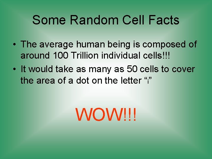 Some Random Cell Facts • The average human being is composed of around 100