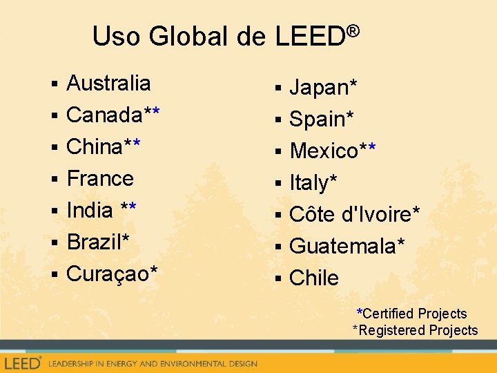 Uso Global de LEED® § Australia § Japan* § Canada** § Spain* § China**