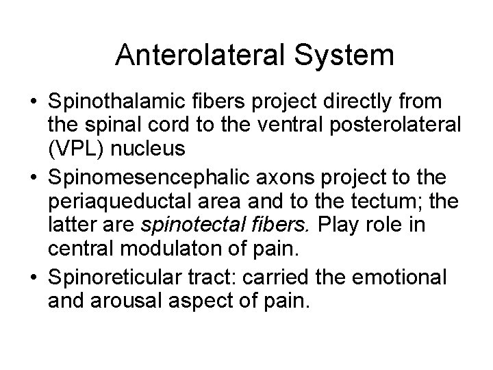Anterolateral System • Spinothalamic fibers project directly from the spinal cord to the ventral