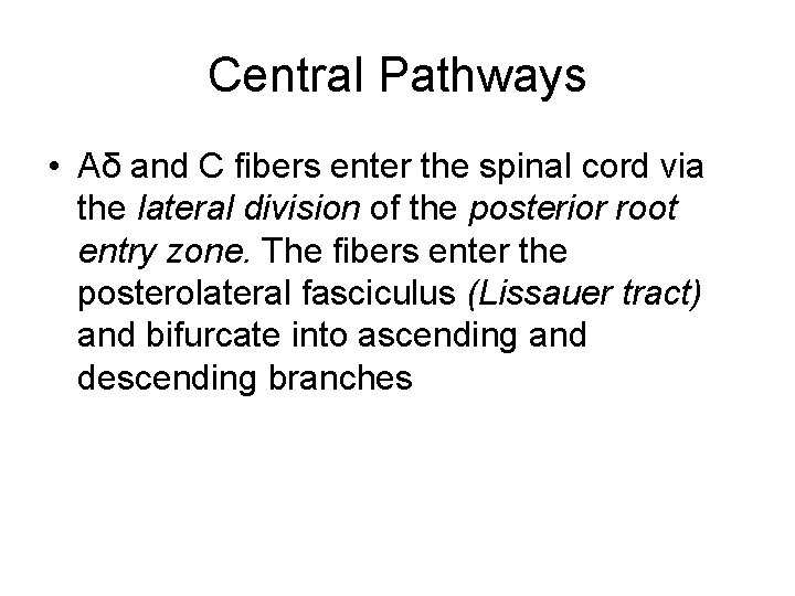 Central Pathways • Aδ and C fibers enter the spinal cord via the lateral