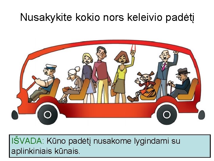 Nusakykite kokio nors keleivio padėtį IŠVADA: Kūno padėtį nusakome lygindami su aplinkiniais kūnais. 