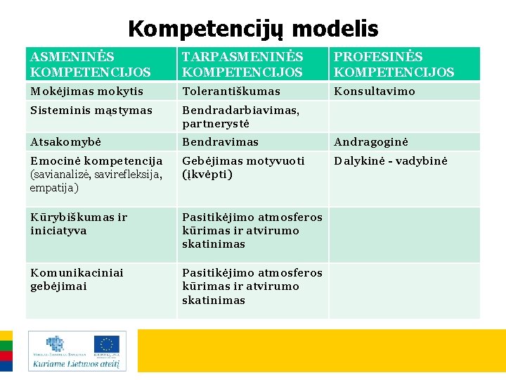 Kompetencijų modelis ASMENINĖS KOMPETENCIJOS TARPASMENINĖS KOMPETENCIJOS PROFESINĖS KOMPETENCIJOS Mokėjimas mokytis Tolerantiškumas Konsultavimo Sisteminis mąstymas