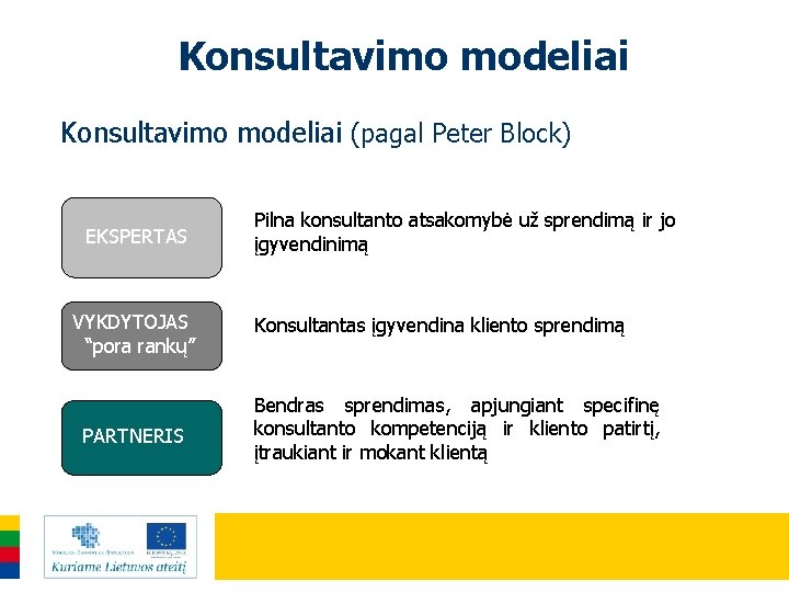 Konsultavimo modeliai (pagal Peter Block) EKSPERTAS VYKDYTOJAS “pora rankų” PARTNERIS Pilna konsultanto atsakomybė už