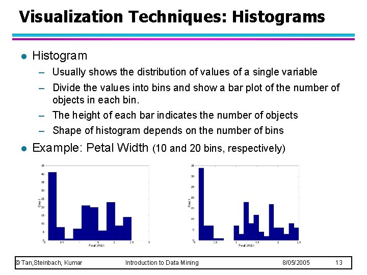 Visualization Techniques: Histograms l Histogram – Usually shows the distribution of values of a
