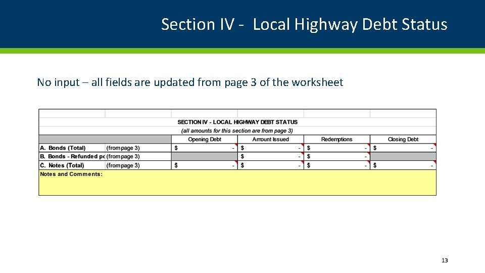 Section IV - Local Highway Debt Status No input – all fields are updated