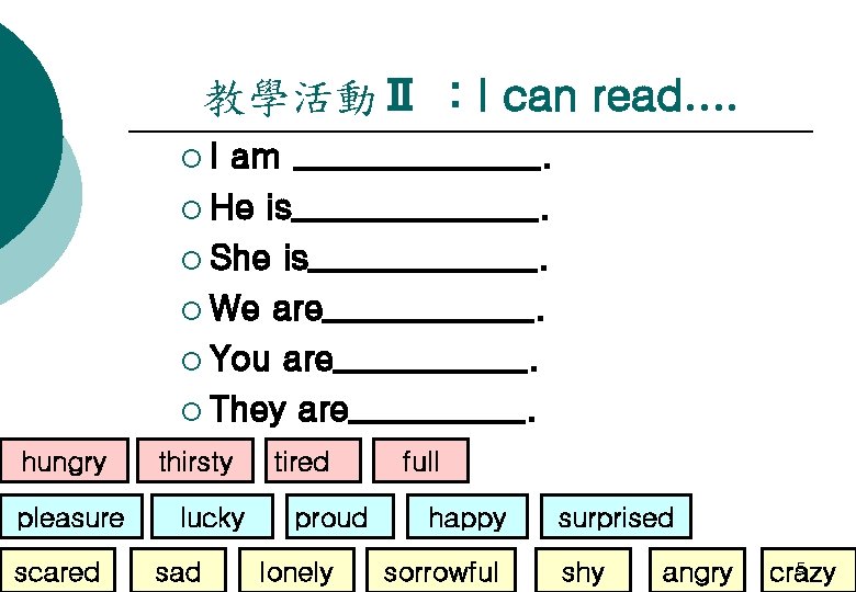 教學活動Ⅱ ：I can read…. ¡I am _______. ¡ He is_______. ¡ She is_______. ¡