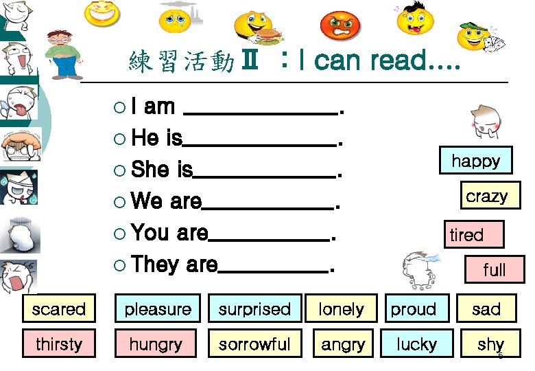 練習活動Ⅱ ：I can read…. ¡I am _______. ¡ He is_______. ¡ She is_______. ¡