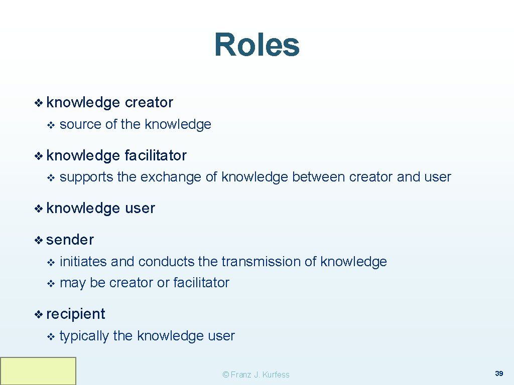 Roles ❖ knowledge v source of the knowledge ❖ knowledge v creator facilitator supports Roles ❖ knowledge v source of the knowledge ❖ knowledge v creator facilitator supports