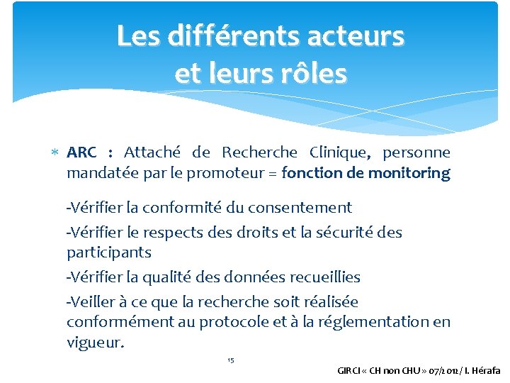 Les différents acteurs et leurs rôles ARC : Attaché de Recherche Clinique, personne mandatée