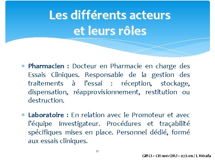 Les différents acteurs et leurs rôles Pharmacien : Docteur en Pharmacie en charge des