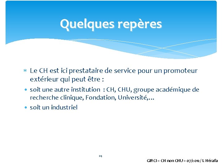 Quelques repères Le CH est ici prestataire de service pour un promoteur extérieur qui