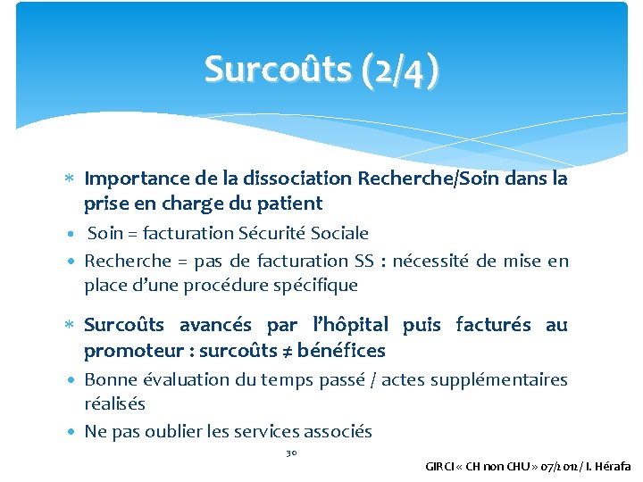 Surcoûts (2/4) Importance de la dissociation Recherche/Soin dans la prise en charge du patient