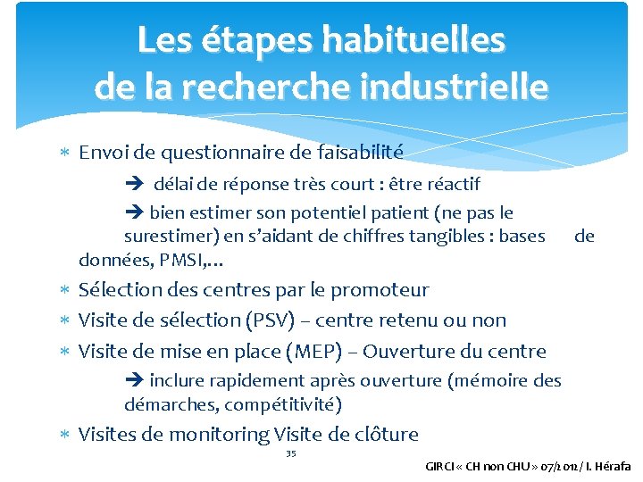 Les étapes habituelles de la recherche industrielle Envoi de questionnaire de faisabilité délai de