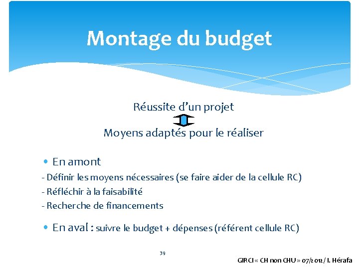 Montage du budget Réussite d’un projet Moyens adaptés pour le réaliser • En amont