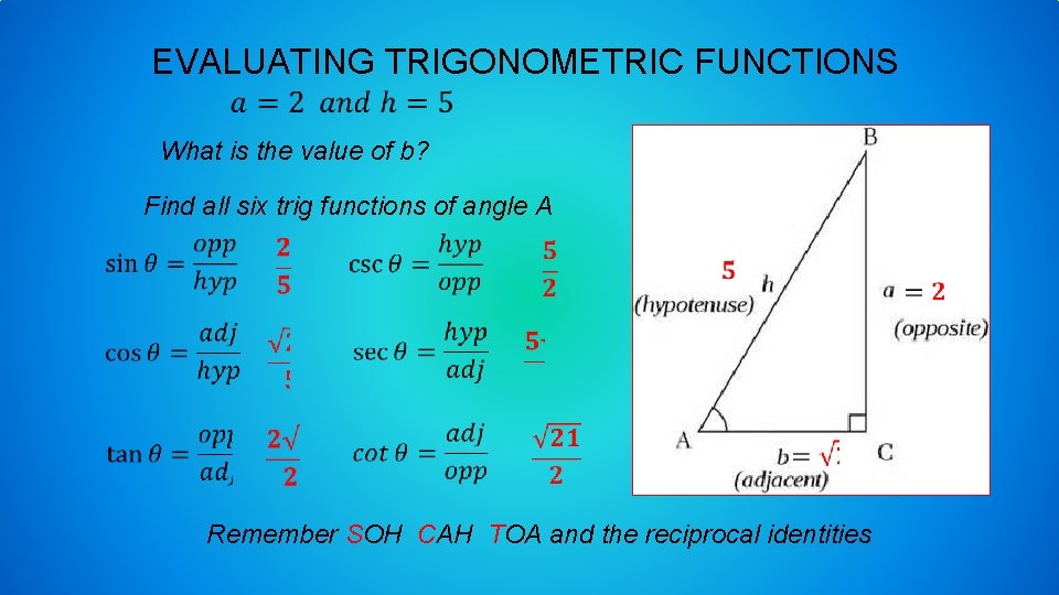 EVALUATING TRIGONOMETRIC FUNCTIONS What is the value of b? Find all six trig functions