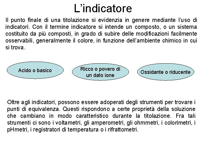 L’indicatore Il punto finale di una titolazione si evidenzia in genere mediante l’uso di