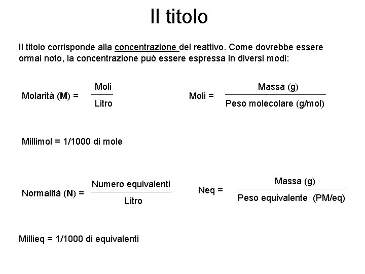 Il titolo corrisponde alla concentrazione del reattivo. Come dovrebbe essere ormai noto, la concentrazione