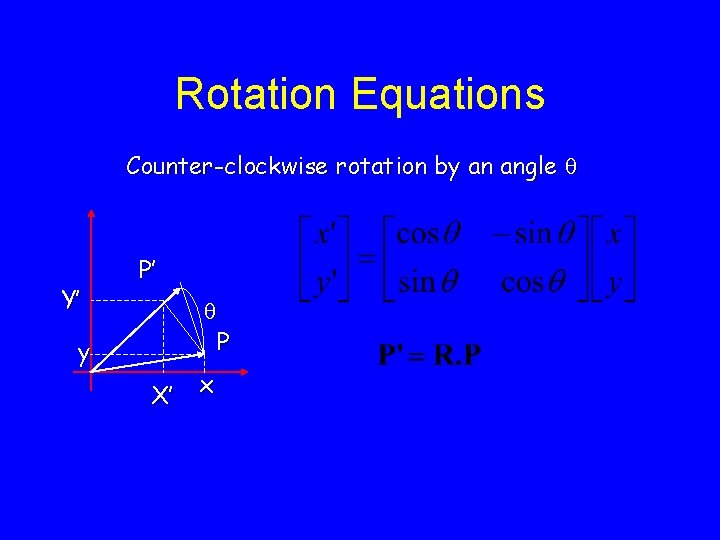 Rotation Equations Counter-clockwise rotation by an angle Y’ P’ P y X’ x 