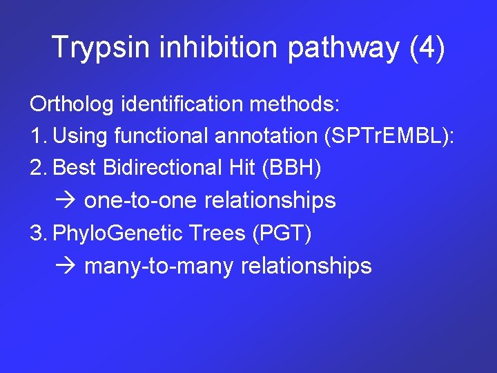 Trypsin inhibition pathway (4) Ortholog identification methods: 1. Using functional annotation (SPTr. EMBL): 2.