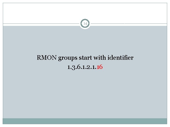 14 RMON groups start with identifier 1. 3. 6. 1. 2. 1. 16 