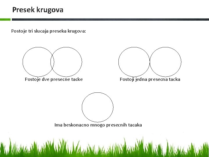 Presek krugova Postoje tri slucaja preseka krugova: Postoje dve presecne tacke Postoji jedna presecna