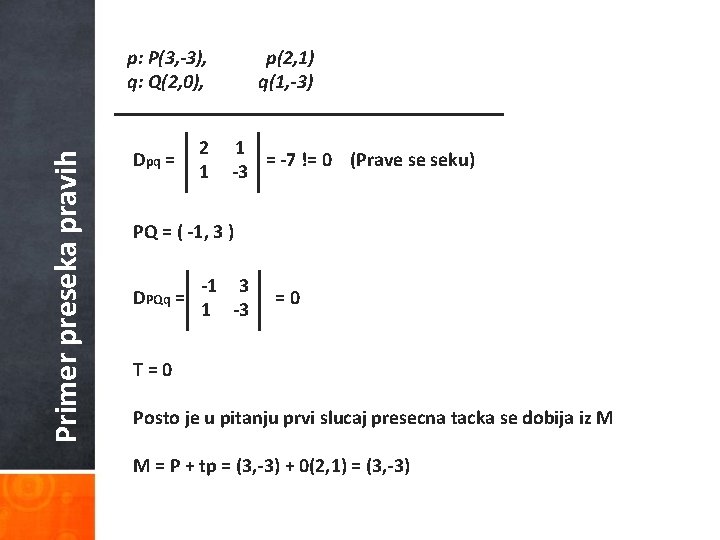 Primer preseka pravih p: P(3, -3), q: Q(2, 0), Dpq = 2 1 p(2,
