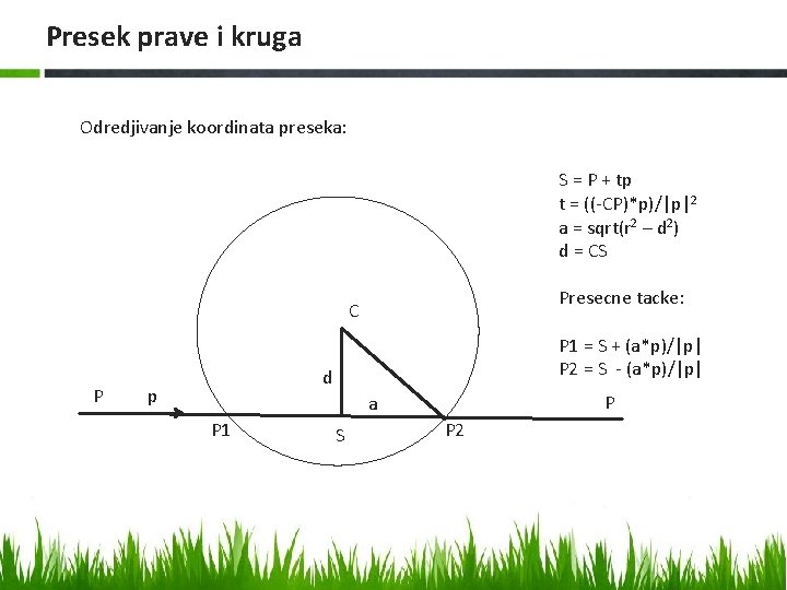 Presek prave i kruga Odredjivanje koordinata preseka: S = P + tp t =