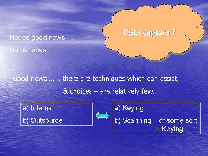 Not so good news …… Data capture ? No panacea ! Good news ……