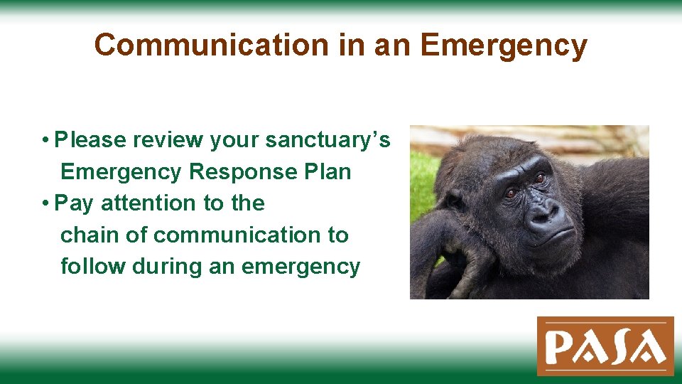 Communication in an Emergency • Please review your sanctuary’s Emergency Response Plan • Pay